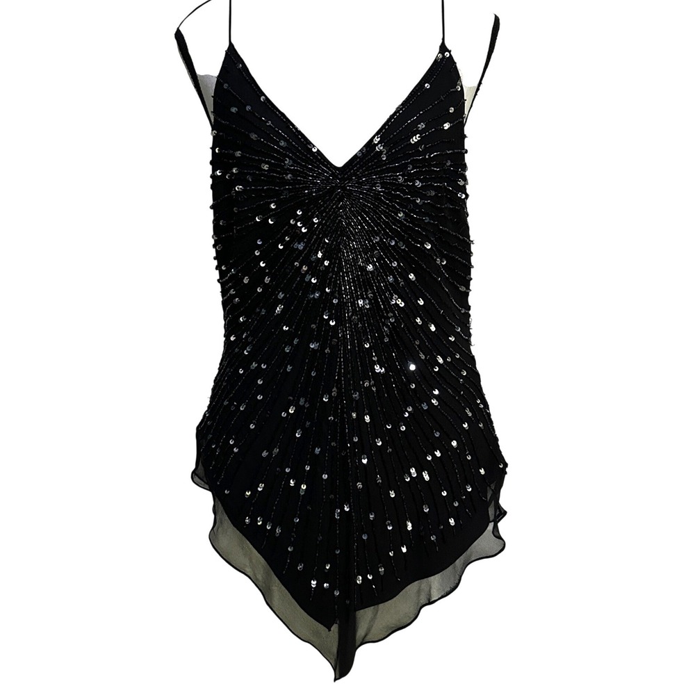 Y2K Scala Silk Beaded Sequin Cami Top L Black Mermaidcore Whimsigoth Party Glam